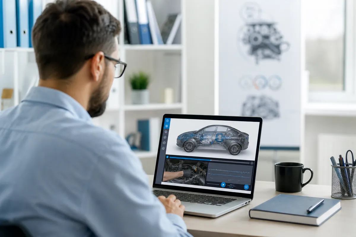 Redaktion prüft Lernmodul zu Autodiagnose auf hellem Bildschirm