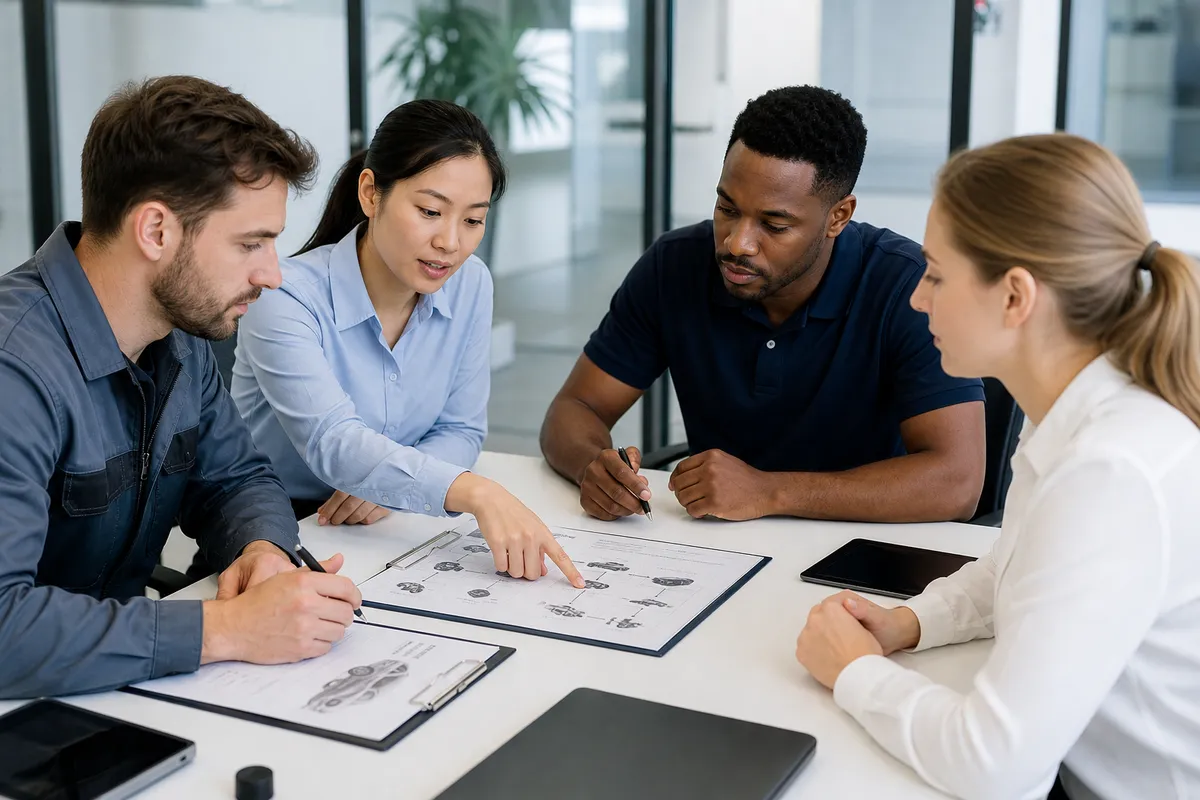 Team bespricht Modulstruktur in hellem Besprechungsraum