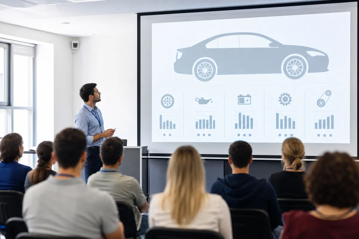 Präsentationswand mit Diagrammen zu Fahrzeugsystemen in heller Aula