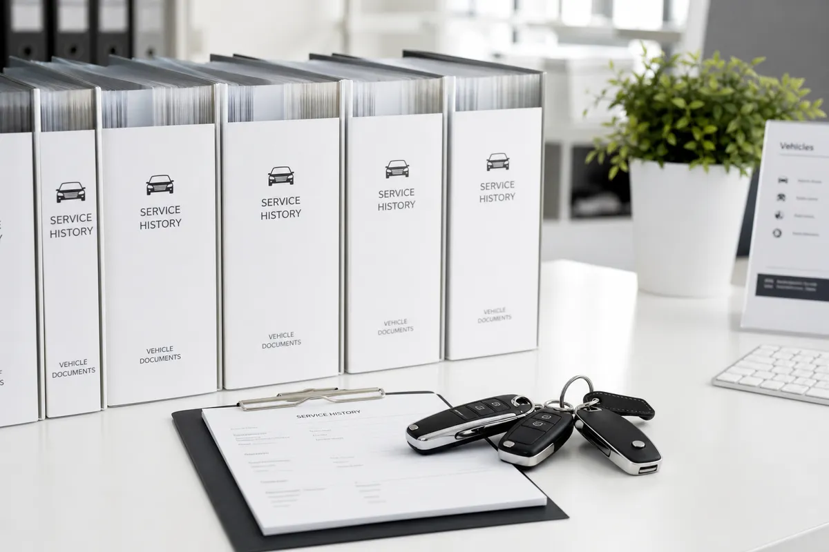 Ordner mit Kennzeichnung und Fahrzeugschlüssel auf hellem Schreibtisch